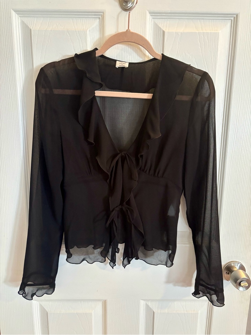 Sheer Ruffled Tie-Front Blouse - Black